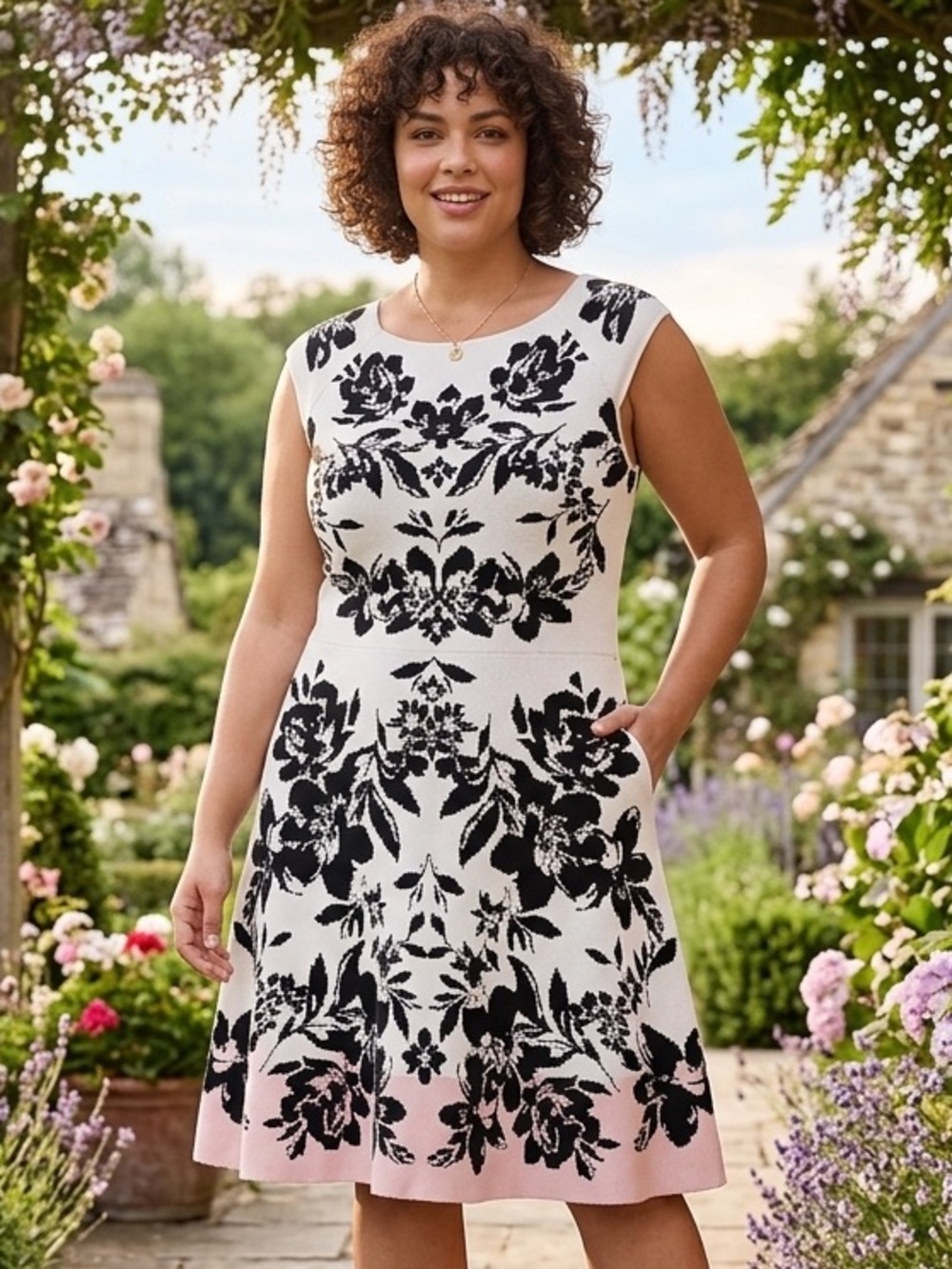 NEW Eliza J Fit & Flare Knit Dress Large White Black Floral Romantic Nordstrom